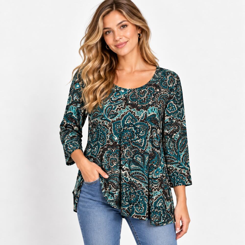 Susan Graver Liquid Knit Blouse Women's Size 1X Brown Green Paisley NWOT Boho